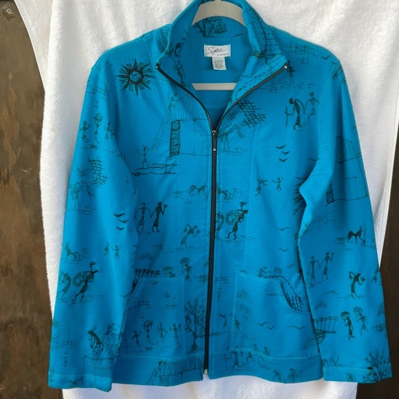 Chico's Blue 2 Piece Jacket & Sleeveless Tank Top with Artistic Design; M/8 - Picture 7 of 14